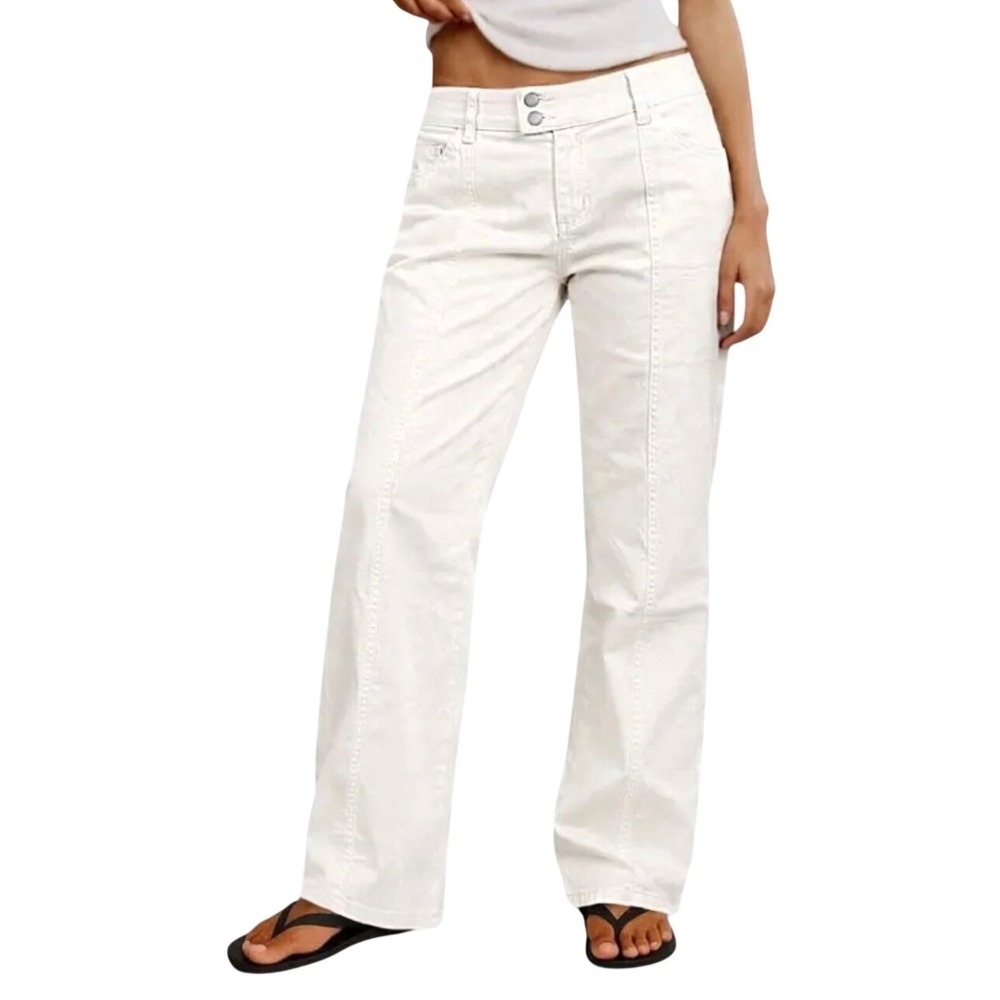 Flamingals Jeans White Seam Front Patch Pocket Mid Rise Straight Leg Size S NEW